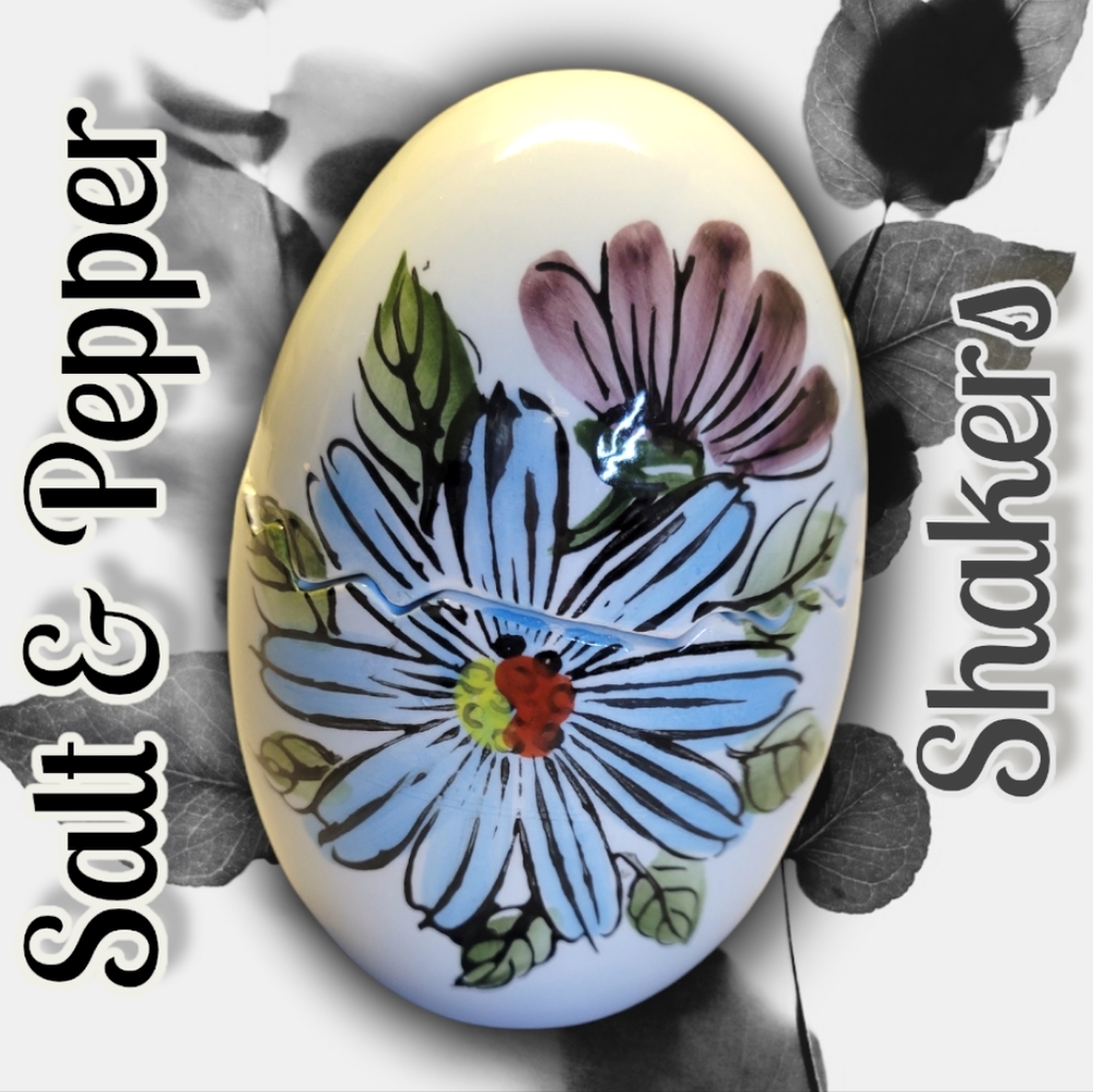 Vtg Salt & Pepper Shaker Porcelain Easter Egg Blue & Yellow Flowers